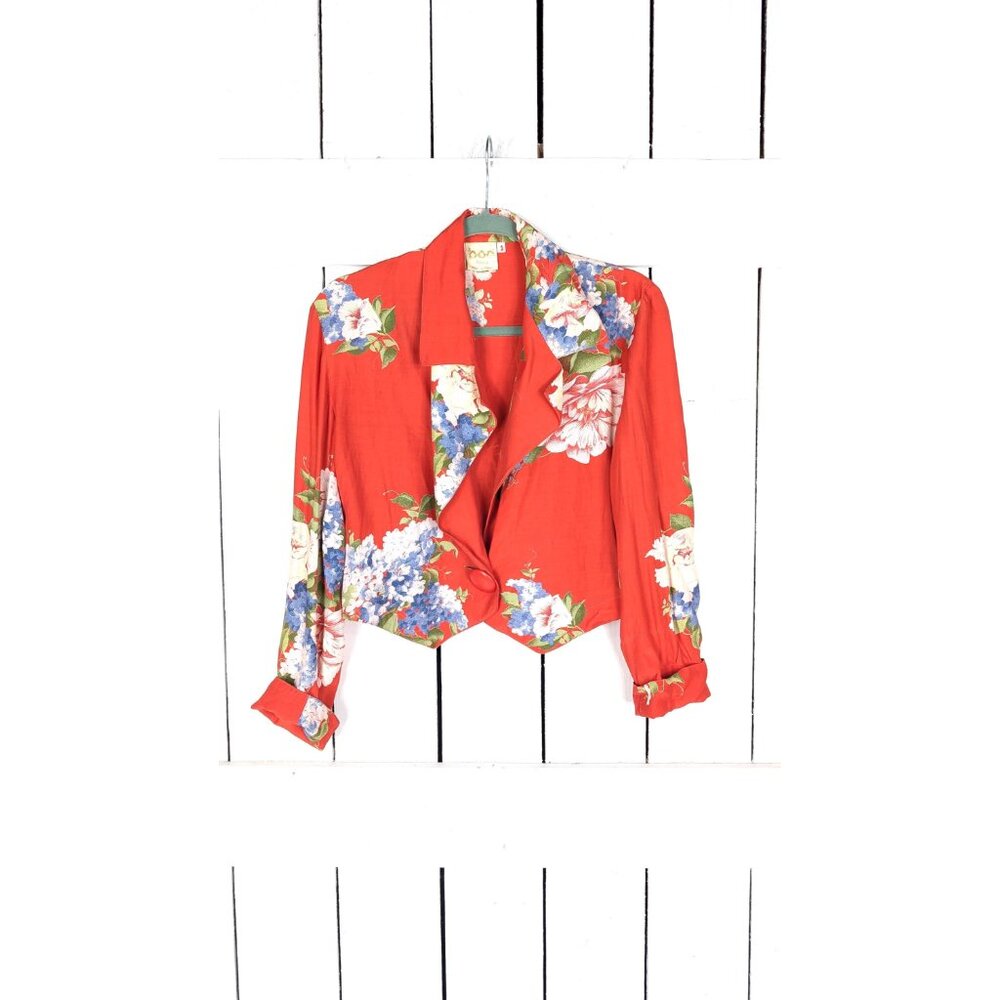 Vintage Paris France red floral cropped shirt blazer top - Picture 6 of 7